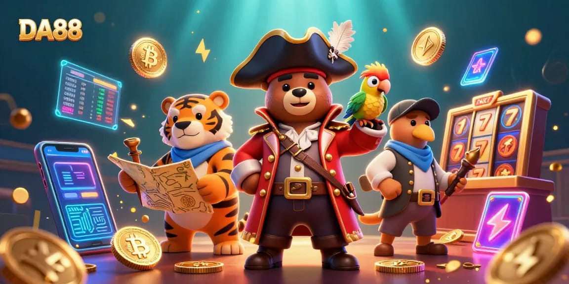 Engage in thrilling gameplay with DA88, featuring vibrant slot reels, pirate characters, and neon crypto elements.