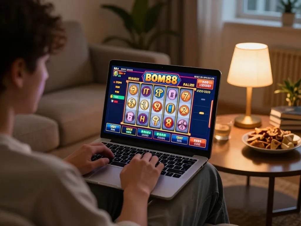 BOM88 player enjoying online slots at home, showcasing game interface and atmosphere.