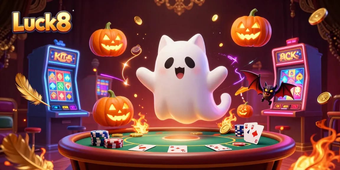 Engage with Luck8's immersive casino world featuring a friendly ghost cat and glowing jack-o-lanterns.