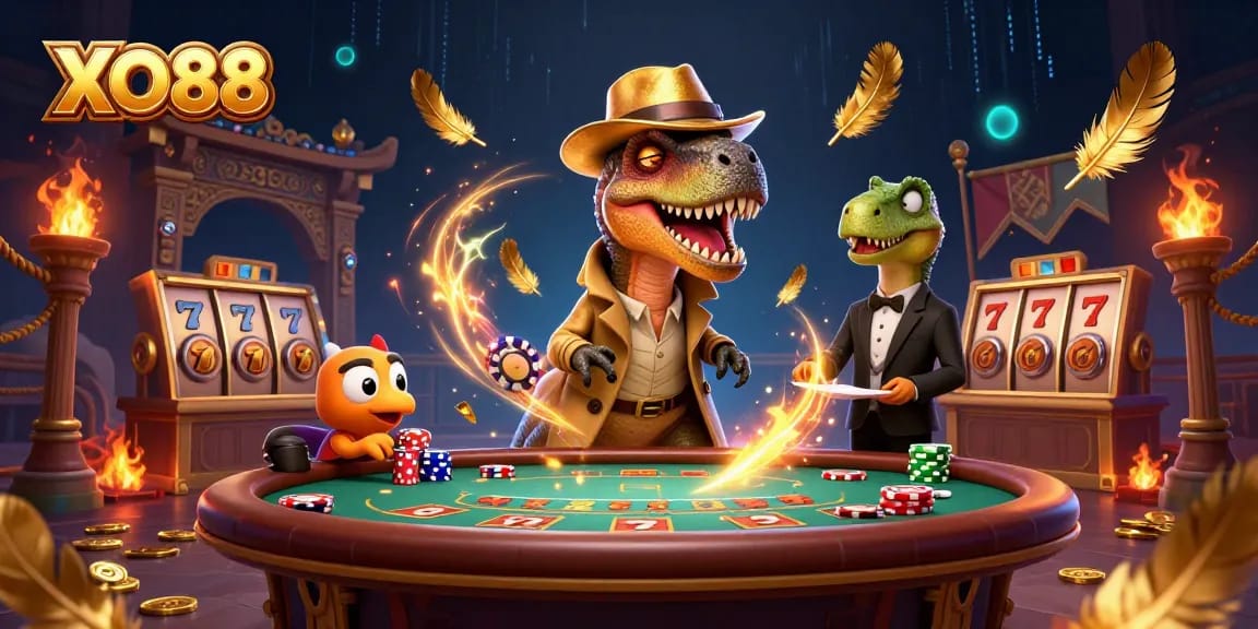 Players engage at the XO88 blackjack table while a cartoon velociraptor slyly counts cards.