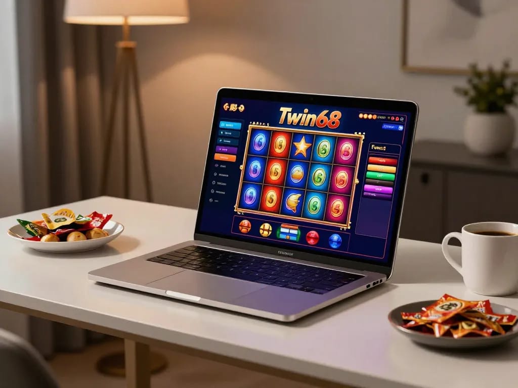 Twin68 online casino gaming showing lively slot reels in a cozy setup