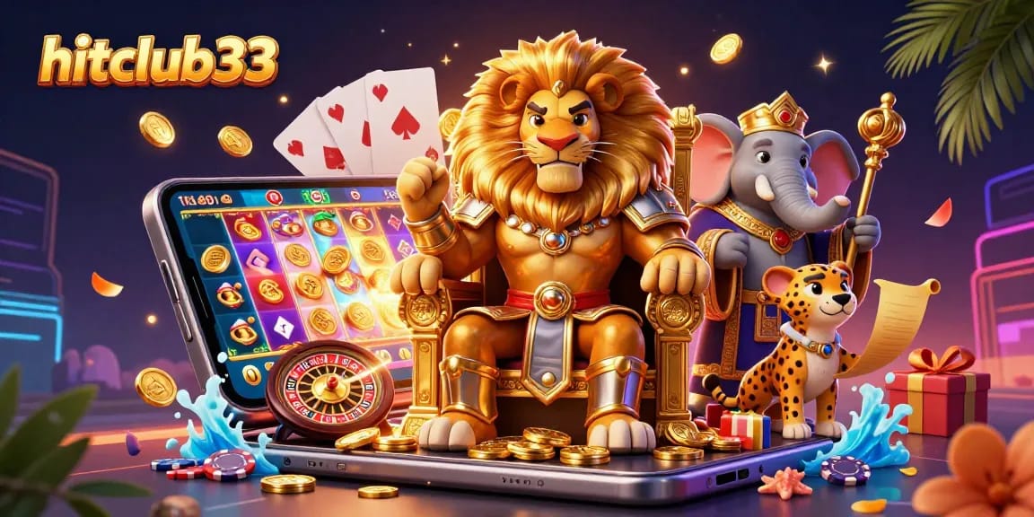 Spin and win at hitclub33 with vibrant slots, coins, and engaging gaming elements in this lively 3D scene.