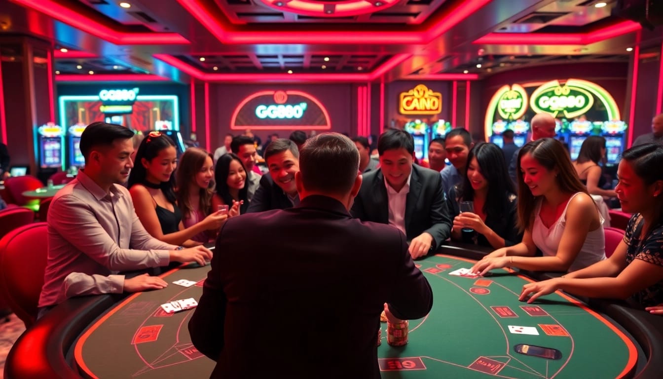 Players enjoying a thrilling game at the GG88 casino table amidst vibrant colors and excitement.