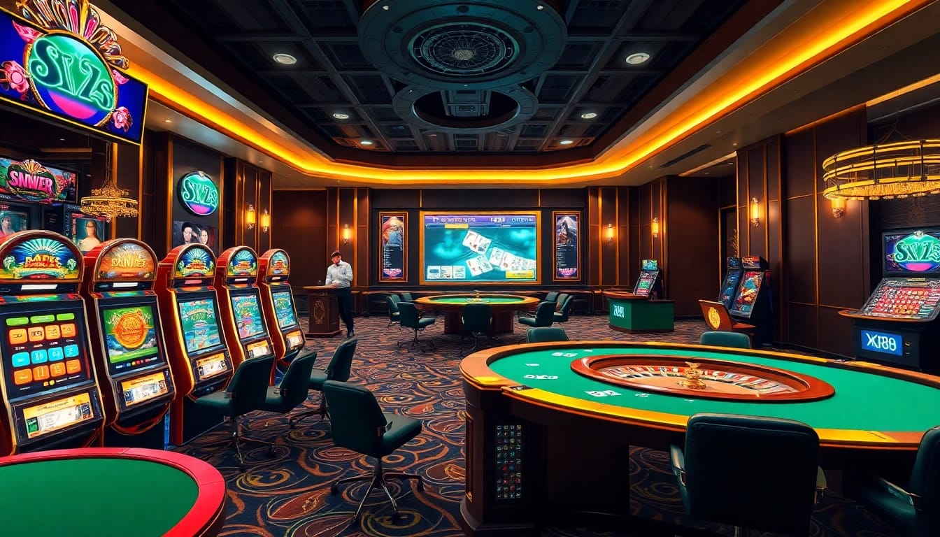 Players experiencing thrilling online games at https://xx88.se.net/ with vibrant slot machines and poker tables.