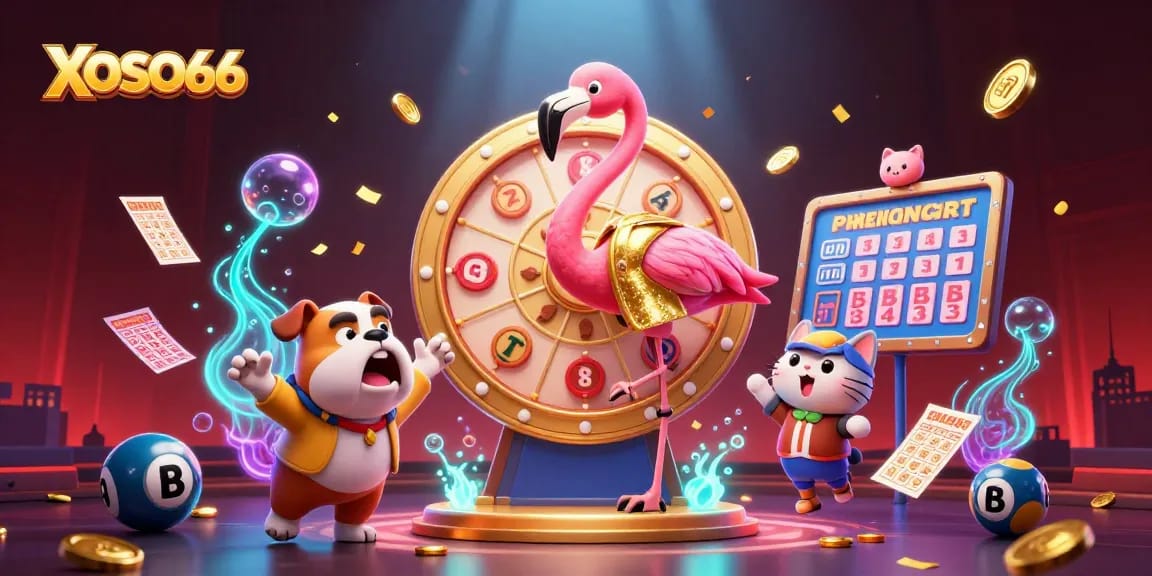 XOSO66 showcases colorful lottery elements with a lively flamingo, bulldog, and cat in a vibrant casino scene.