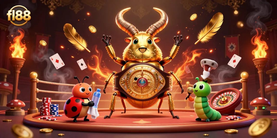 Experience intense gameplay at fl88 with a giant golden stag beetle and vibrant poker elements.