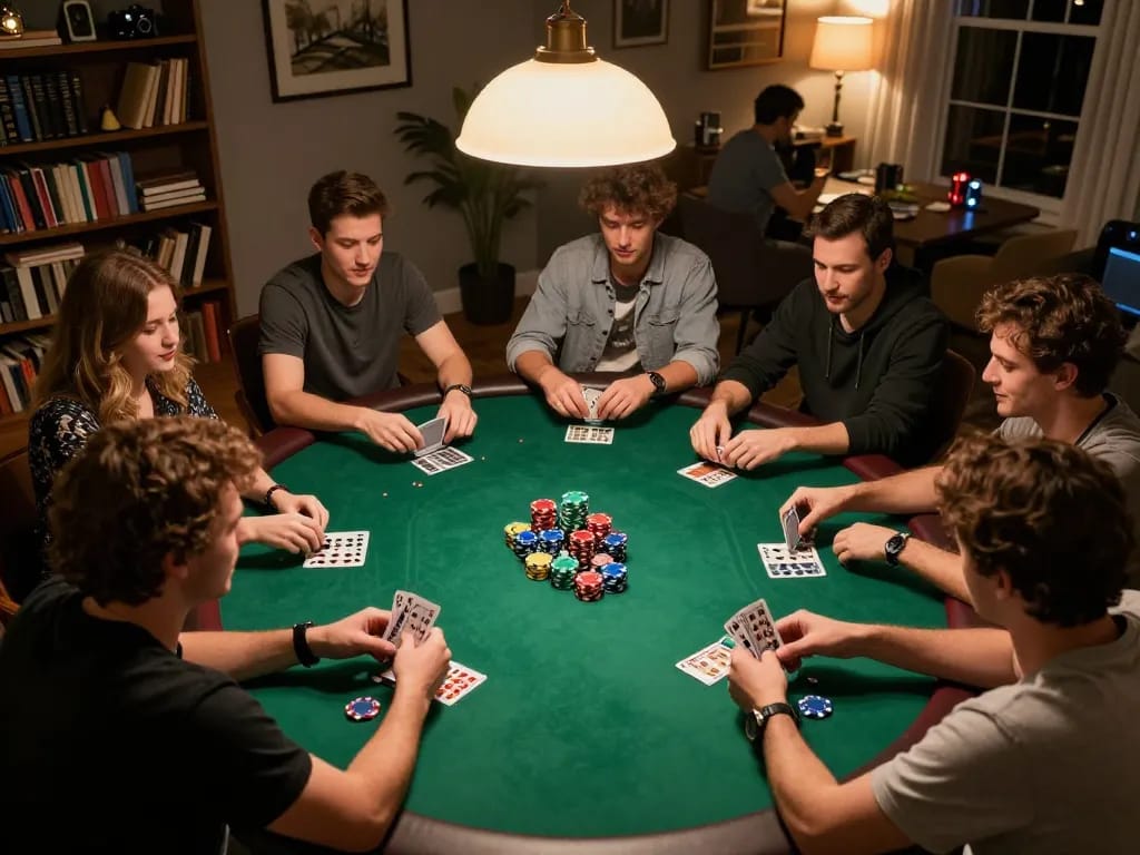 Players enjoying a lively poker night while using OXBET for betting strategies and bankroll management