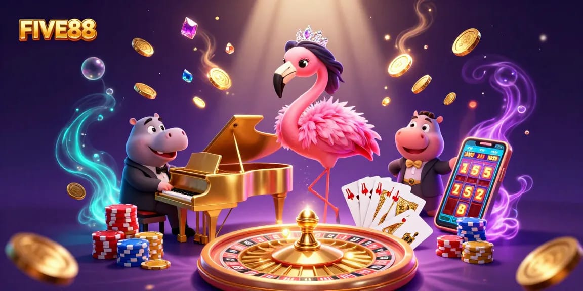 Experience the excitement of FIVE88 as flamingo and hippo performers entertain in a vibrant casino setting.