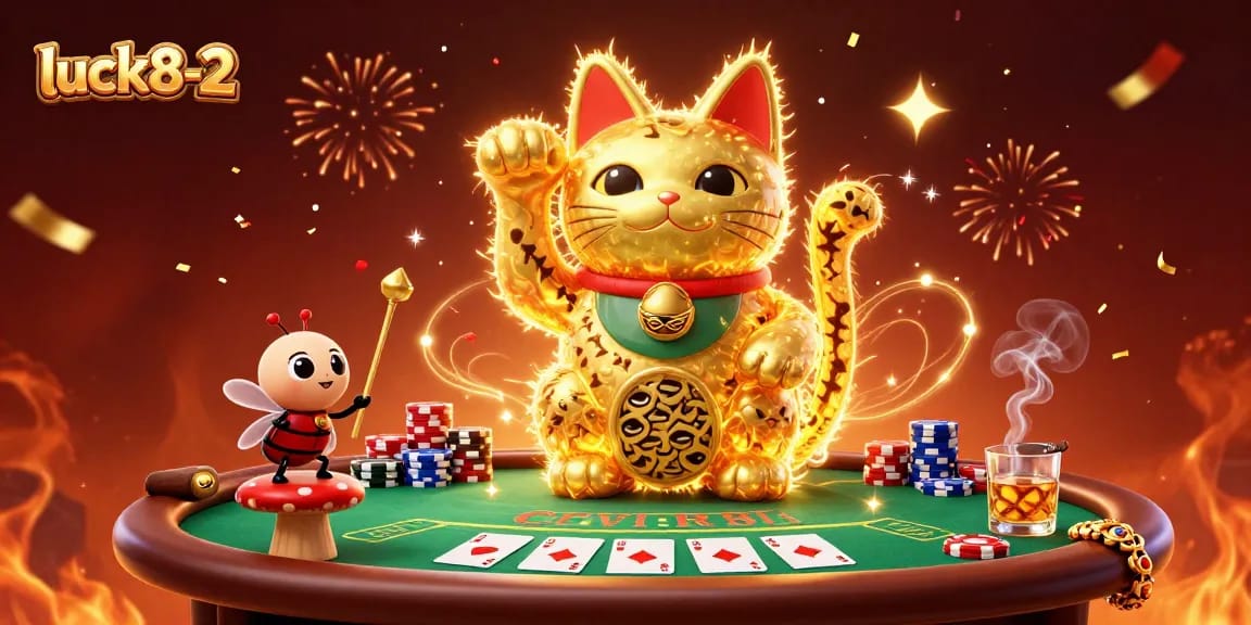 Experience luck8-2's vibrant casino world with golden fireflies and poker excitement.