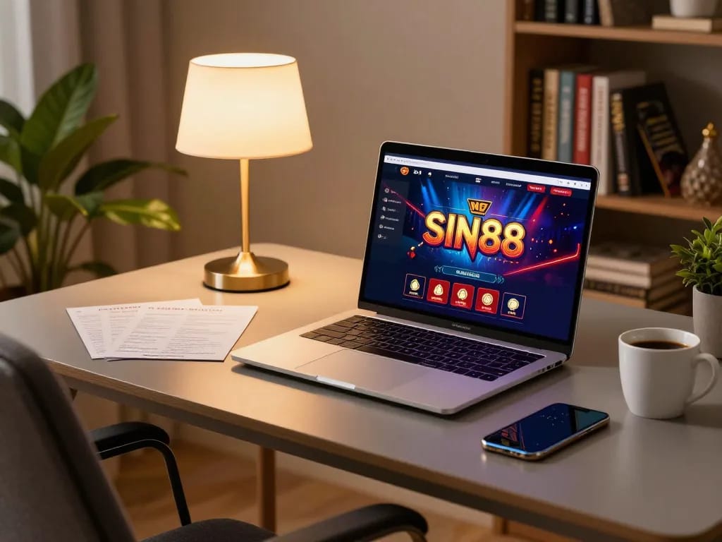 SIN88 online gaming scene with laptop, betting notes, and cozy atmosphere