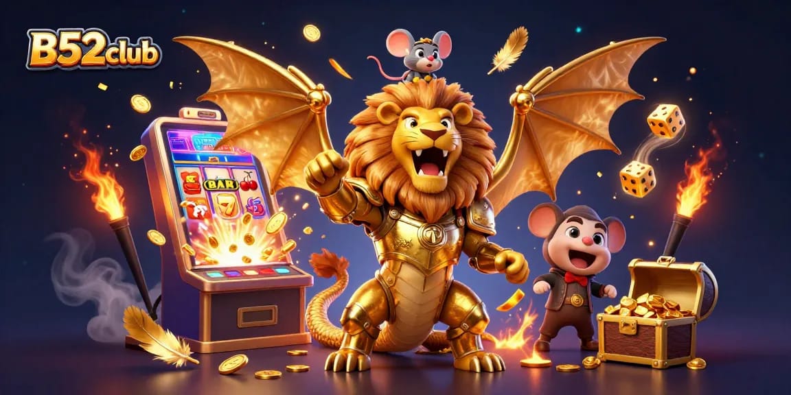 B52club offers exciting gaming experiences with a golden chimera creature, vibrant slot elements, and casino action