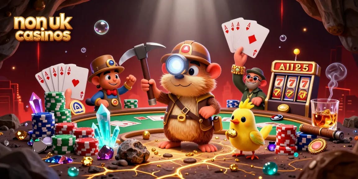Engaging scene in non UK casinos showcasing a treasure hunter mole and canary amid poker games and slot elements.