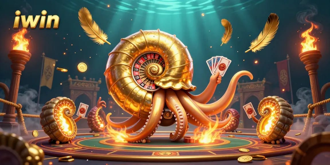 Experience thrilling iwin gameplay with a giant nautilus as roulette wheel and glowing companions in an action-packed arena.