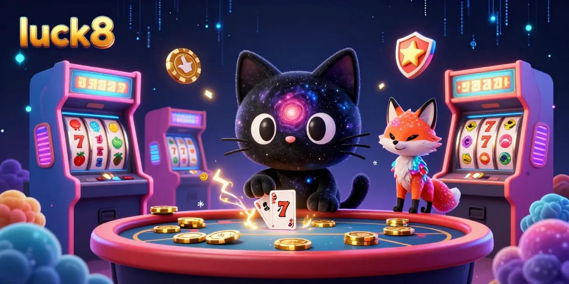 Experience casino thrills with luck8’s cosmic adventure featuring a black hole cat and vibrant game elements.