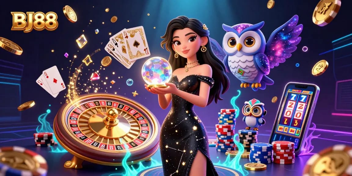 Engage with BJ88's vibrant casino atmosphere featuring stunning visuals of a lady with a crystal ball amidst flying coins.