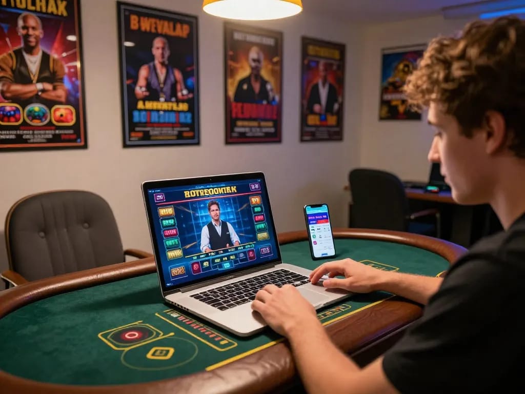 Engaging in live casino gameplay on hitclub-79 app with laptop and smartphone during vibrant home gaming session.