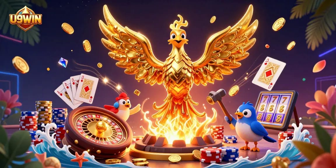 Experience U9WIN's thrilling casino adventure with a golden phoenix among cascading treasures.
