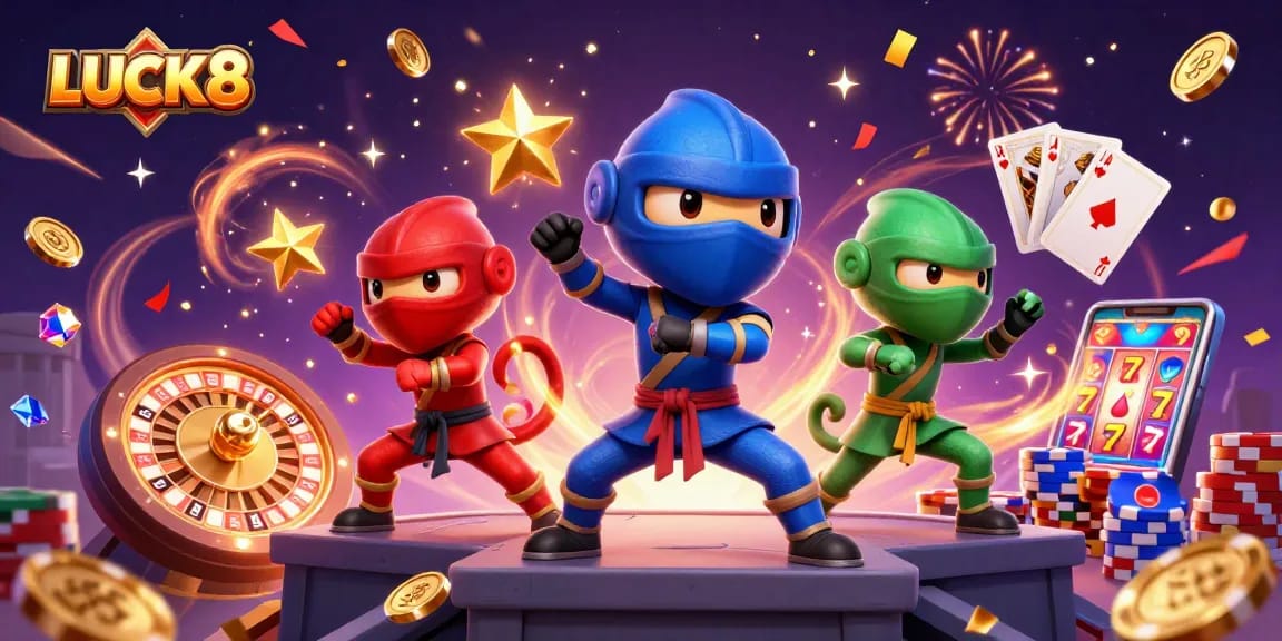 LUCK8 casino illustration featuring ninja chameleons and dynamic casino elements for online gaming excitement.