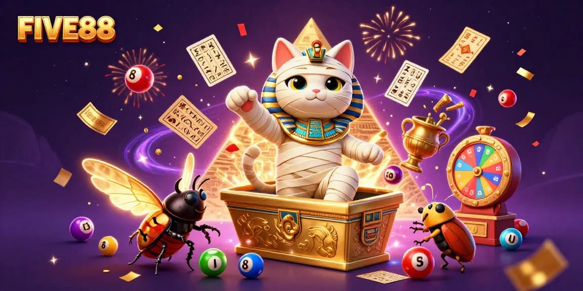 Engage in the thrilling world of FIVE88, featuring a 3D Egyptian mummy cat and glowing scarab in a vibrant casino.