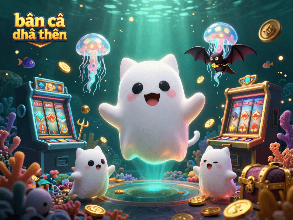 Engage in bắn cá đổi thưởng with friendly ghost cat and vampire bat in an underwater casino adventure.