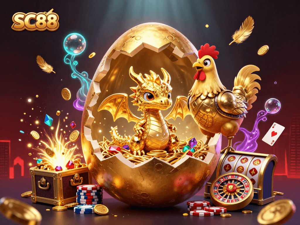 Experience SC88's thrilling gaming scene with a golden dragon on poker chips and dynamic casino elements.