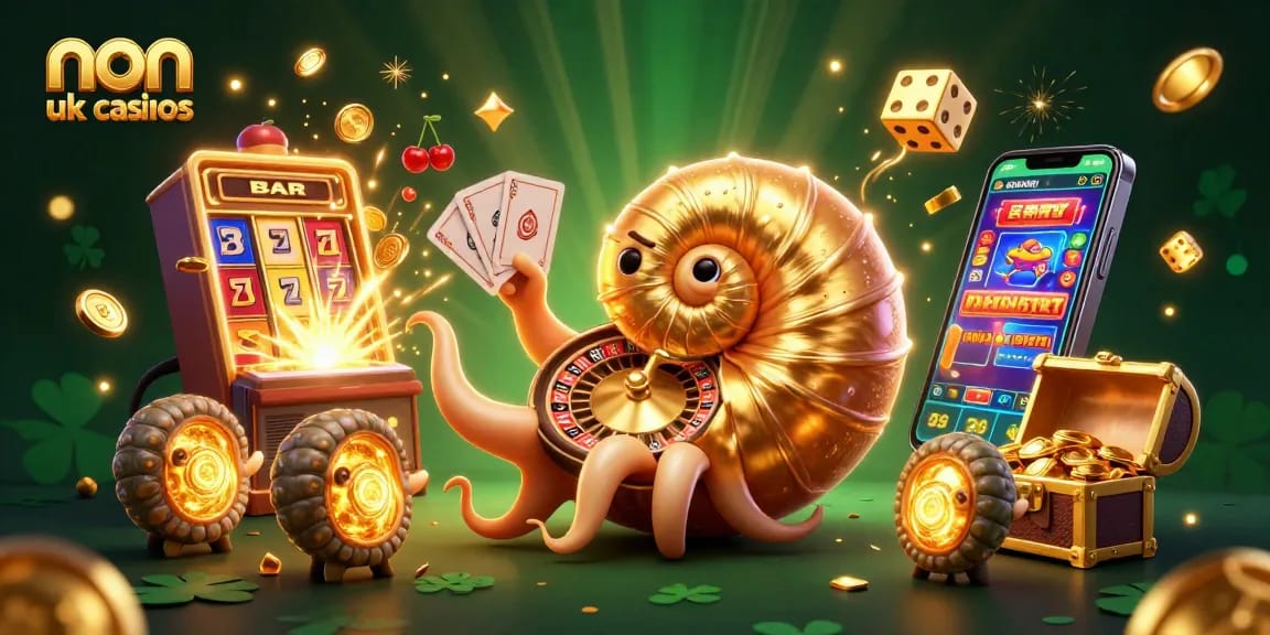 Experience non uk casinos with vibrant gaming symbols, giant nautilus, and rich décor elements.