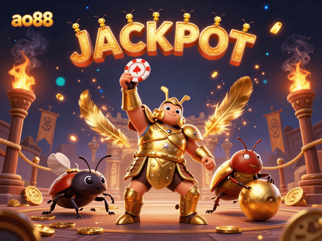 Engage with ao88's thrilling vibe as beetles celebrate a jackpot in a lively casino atmosphere.