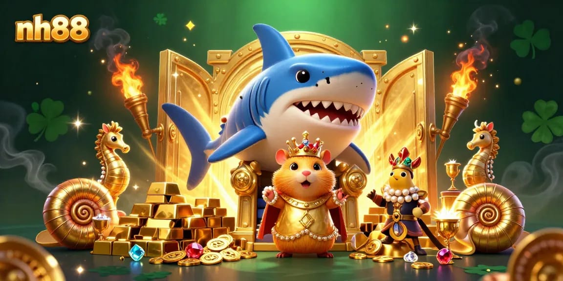 nh88 captures excitement with a fierce golden hamster king and treasures in a vibrant 3D illustration