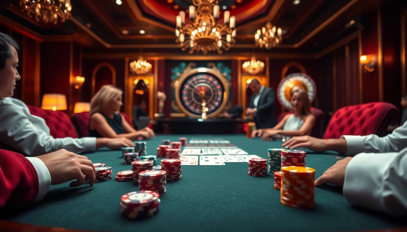 Players engaged in an exciting poker game at 79KING casino table, showcasing chips and cards.