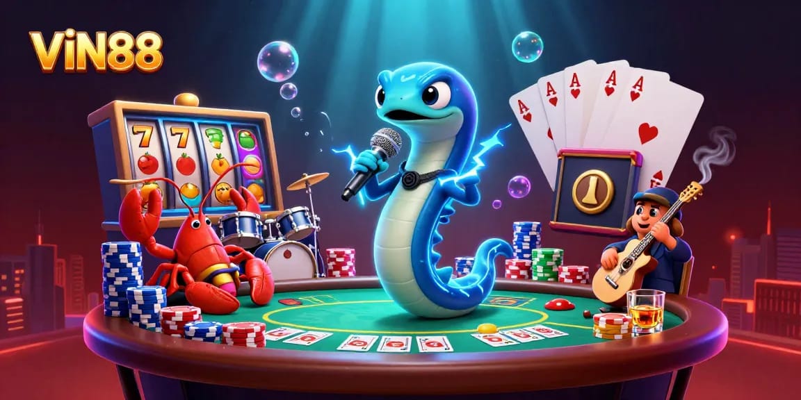 VIN88's electric eel DJ performs in a vibrant underwater casino scene filled with gaming excitement.