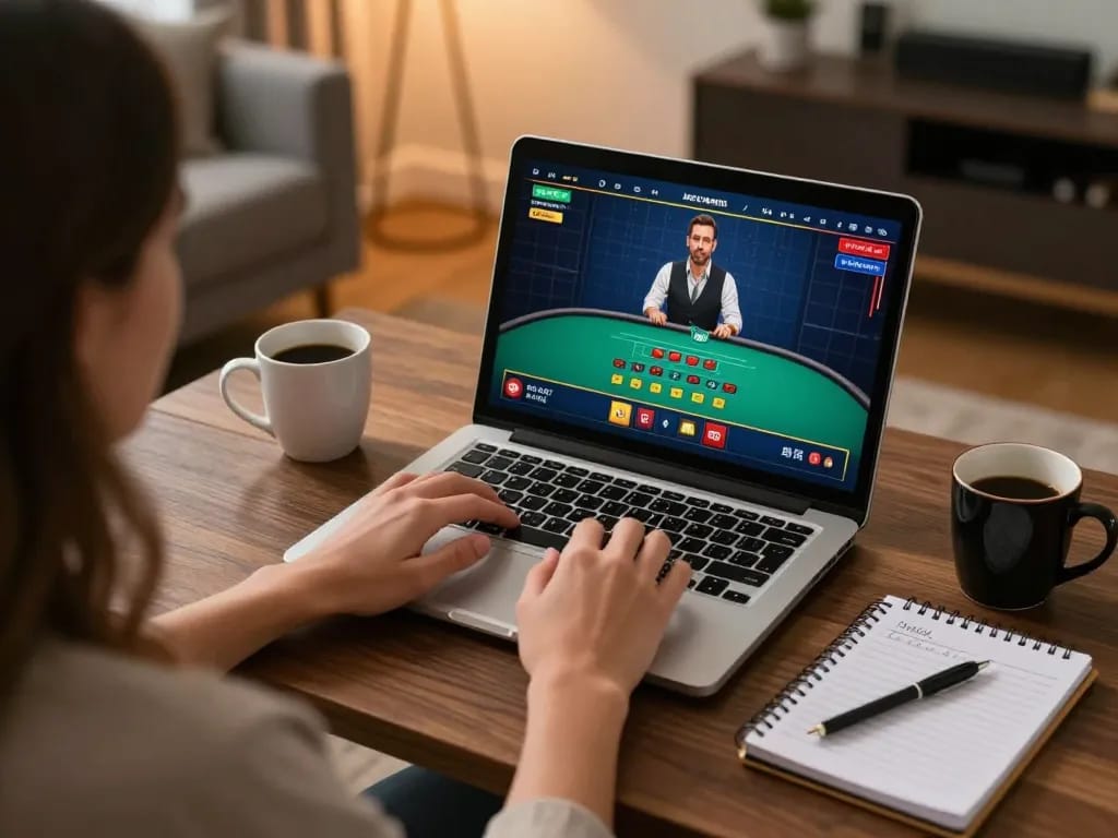 Player engaging in CO88 live dealer blackjack on a cozy home setup, demonstrating strategic gameplay.