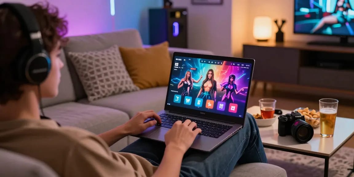 Engaging scene of playing sex games online with vibrant graphics in a cozy living room.