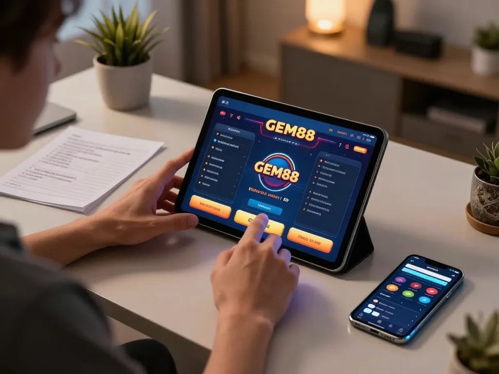 Engaging player using GEM88 app on tablet surrounded by strategic notes in a modern home office.