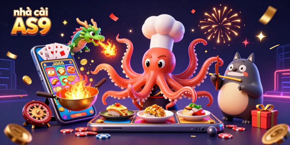 Experience excitement with nhà cái AS9 featuring magical sushi chef octopus and dragon in a vibrant casino setting.