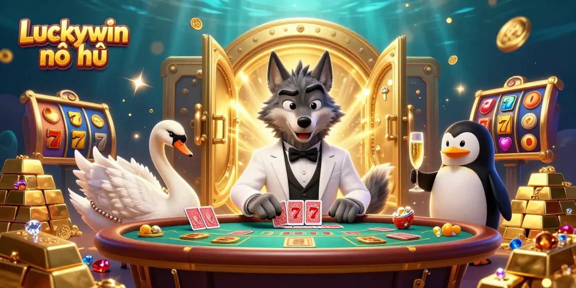 Play slots and win big with Luckywin nổ hũ, featuring a vibrant 3D casino scene with engaging characters.