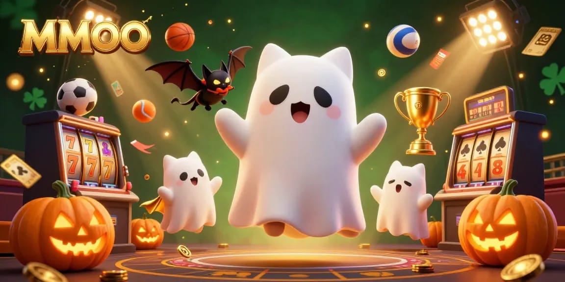 Experience MMOO's gaming thrills with a friendly ghost cat in a haunted casino, showcasing lively action and glowing details.