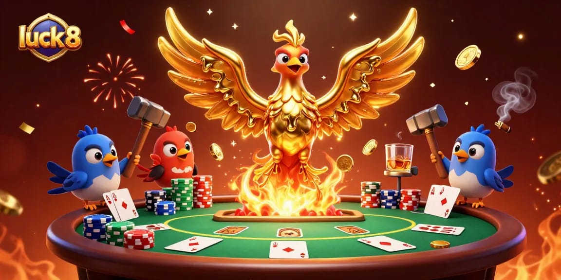 Experience luck 8 at a vibrant casino scene filled with gold and poker action.