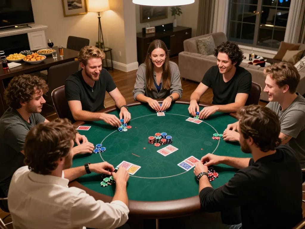 Xoso66 players enjoying an exciting home poker game, chips and cards spread on the table.