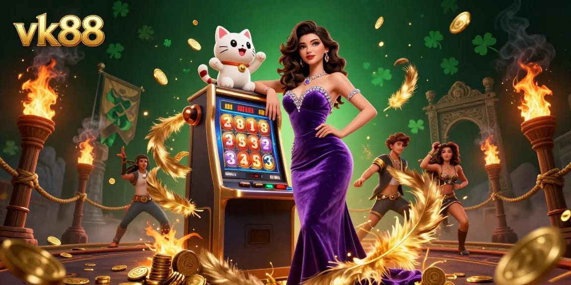 Celebrate victories at vk88's captivating casino with a jackpot scene featuring a glamorous woman and a fortune cat.