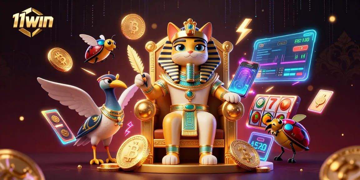 Win big with 11WIN in an ultra-detailed 3D gaming illustration showcasing golden casino elements.