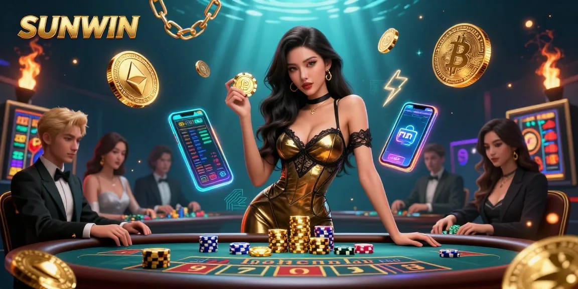 SUNWIN offers an exciting baccarat experience featuring a glamorous Asian woman and dynamic gaming elements.