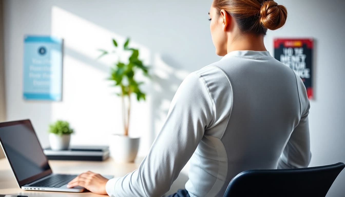 Model demonstrating correct posture with a posture corrector in a bright office environment.