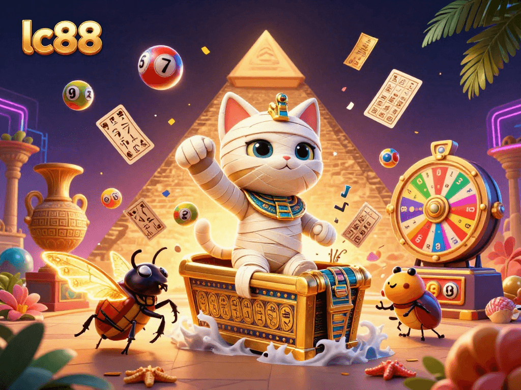 Experience the thrill of lc88 as the Egyptian mummy cat bursts from its sarcophagus amidst lottery excitement.