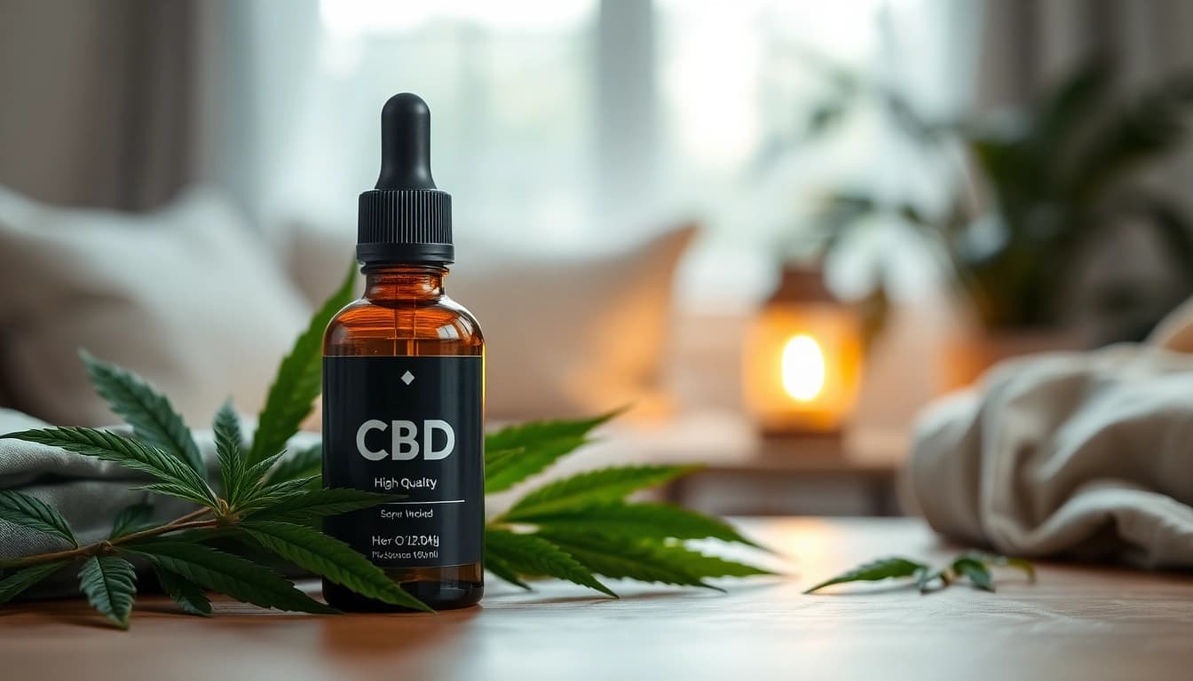Showcasing the best CBD oil for pain management UK, elegantly displayed amidst calming nature elements.
