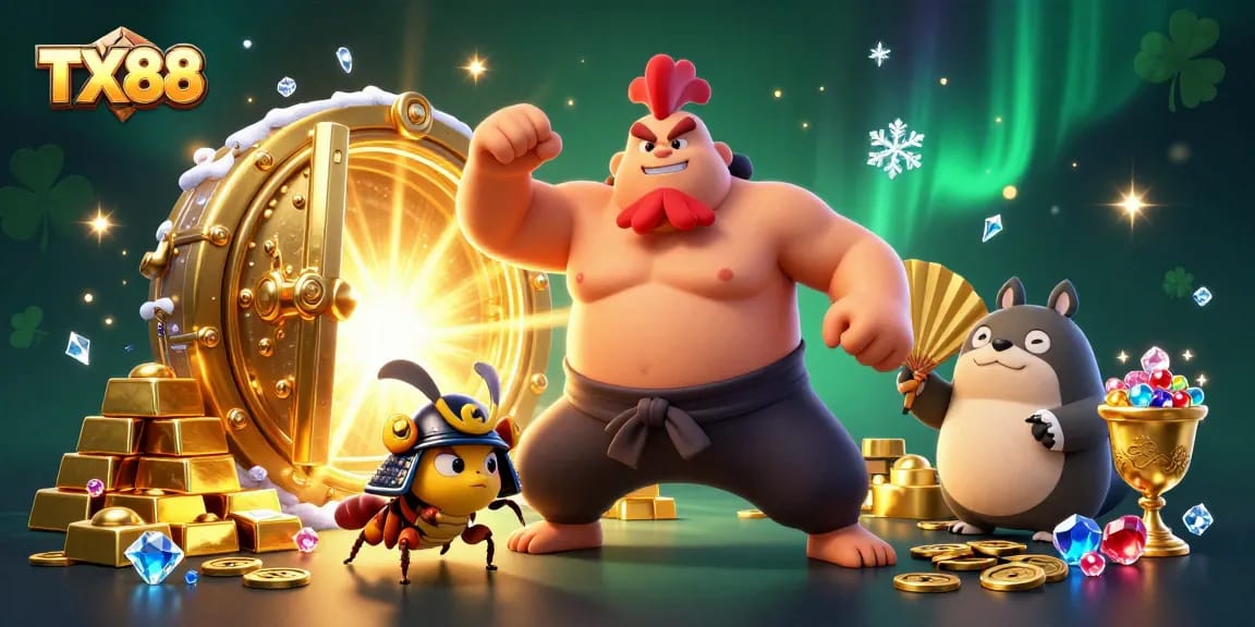 TX88 gaming adventure with cartoon characters celebrating jackpot wins amid gold and gems.