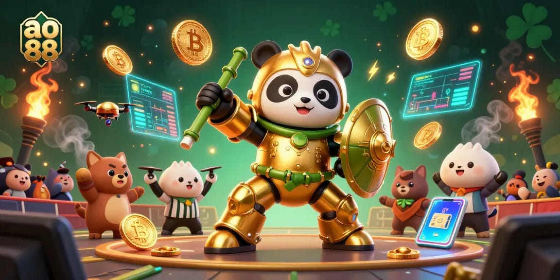 Engage with ao 88 in a vibrant casino scene featuring a golden panda robot amidst dynamic gaming elements.