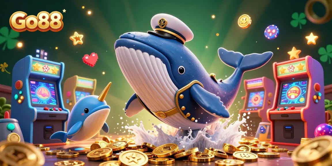 Engage in the thrilling world of Go88, where playful dolphins dance with poker chips amidst a sea of coins.