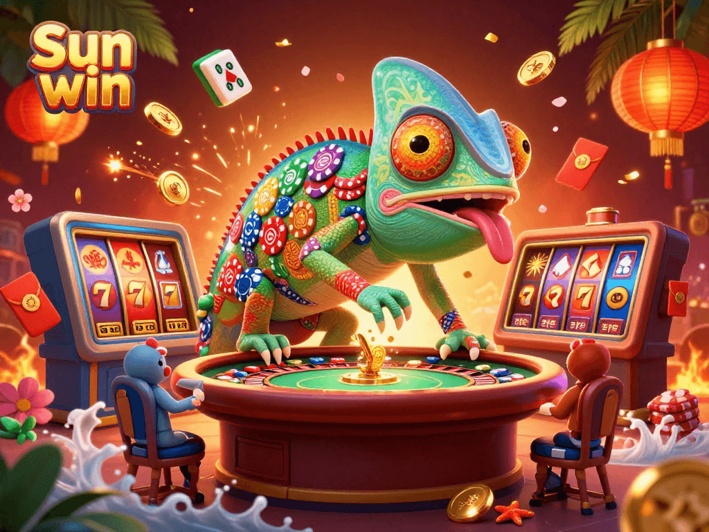Win big at Sun win with the vibrant, action-packed casino illustration showcasing a lively gaming scene.