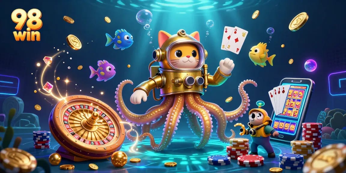 Engage in thrilling gameplay at 98 win with a dynamic 3D casino scene featuring a kraken and diving cat