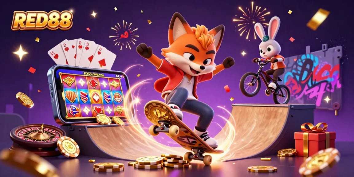 Experience thrilling gameplay with RED88 in this vibrant illustration showcasing a fox and rabbit in a lively casino atmosphere.